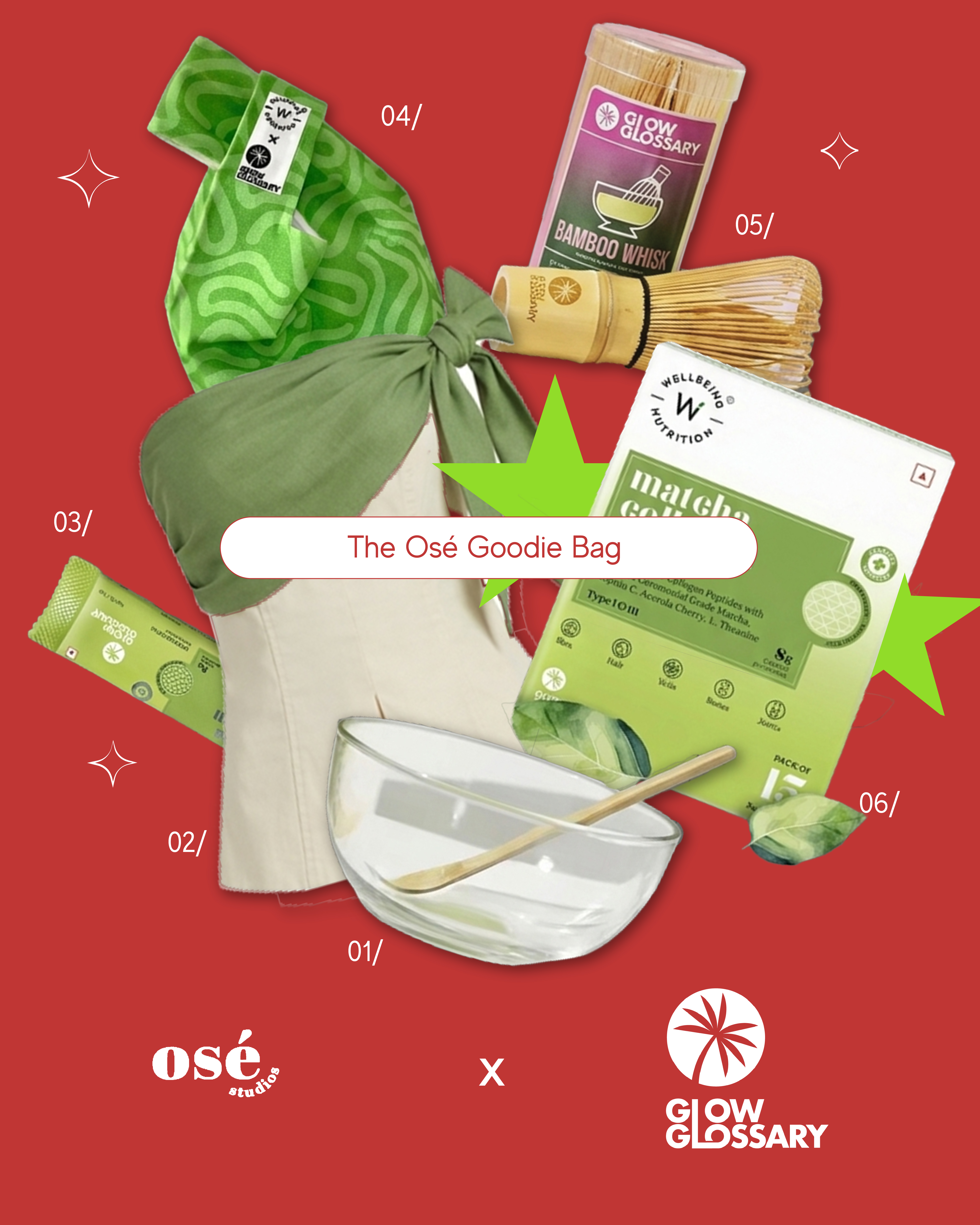 The Osé Goodie Bag x Glow Glossary flat lay